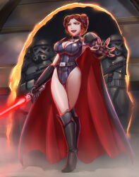boots breasts brown_hair cape choker cleavage corruption femsub gloves knee-high_boots large_breasts leebigtree opera_gloves princess_leia short_hair star_wars stormtrooper weapon