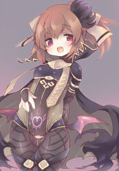  alternate_costume brown_hair cape collar corruption crotch_tattoo delthea empty_eyes fangs female_only femsub fire_emblem fire_emblem_echoes hair_ribbon nintendo pantyhose ponytail red_eyes short_hair simple_background small_breasts solo teuuu18 thighs 