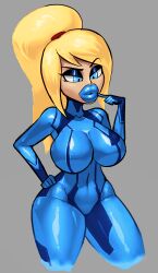  bimbofication blonde_hair blue_eyes blue_lipstick bodysuit breast_expansion clothed color da_janitor_(manipper) eyeshadow female_only finger_to_mouth hand_on_hip large_breasts large_lips lip_expansion lipstick long_hair makeup manip metroid_(series) nintendo noonun ponytail samus_aran simple_background solo zero_suit 