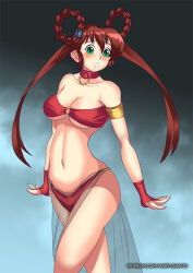 arm_bands braid breasts brown_hair cleavage collar devil_hunter_yohko female_only femsub green_eyes hadant harem_outfit large_breasts long_hair midriff navel open_mouth signature simple_background solo twin_braids watermark yohko_mano