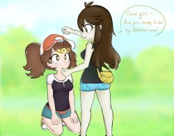 brown_hair chin_hold drool elaine_(pokemon_let&#039;s_go) female_only femdom femsub glowing glowing_eyes good_sub_conditioning green_(pokemon) hat inflixion kneeling long_hair nintendo pendulum pet_play pokemon pokemon_let&#039;s_go ponytail text