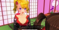 3d blonde_hair blue_eyes blush breasts brown_hair cleavage curly_hair dialogue female_only japanese_clothing kamen_writer_mc kimono large_breasts lipstick mc_trap_town red_lipstick screenshot text translated twintails