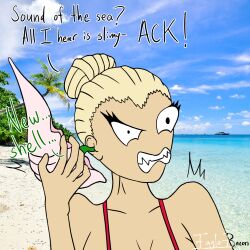  androgynous_dom bare_shoulders beach blonde_hair brain_injection breasts character_request cleavage dialogue eagle_bacon english_text femsub green_eyes hypnotic_slime original outdoors possession ship short_hair shrunken_irises slime surprised text trees 