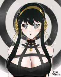  animated animated_gif black_hair breasts cleavage earrings femsub lipstick open_mouth spiral spiral_background spiral_eyes spy_x_family syas-nomis symbol_in_eyes yor_briar 