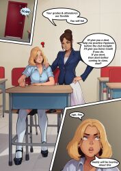 ai_art blonde_hair blue_eyes brown_hair classroom comic drool eye_roll femdom femsub green_eyes hair_buns high_heels pantyhose sculptortusk short_hair skirt socks tagme