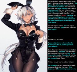  altered_perception bow_tie breasts bunny_ears bunnysuit caption femsub fishnets glasses happy_trance heart kantai_collection long_hair manip musashi_(kantai_collection) pantyhose symbol_in_eyes text unaware white_hair 