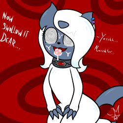  absol collar cum cum_in_mouth femsub furry nintendo pokemon pokemon_(creature) shyker simple_background solo spiral spiral_eyes symbol_in_eyes tech_control text tongue tongue_out 