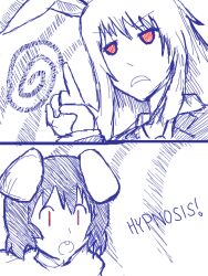 animal_ears brown_eyes bunny_girl comic drool femdom humor long_hair magic monochrome open_mouth reisen_udongein_inaba short_hair simple_background sketch tewi_inaba text touhou traditional