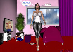  3d absurdres bare_shoulders belt black_hair blush breasts cleavage collarbone femsub headphones high_heels huge_breasts hypnoman jeans maledom milf mother_and_son necklace netorare original sandra_(hypnoman) short_hair tech_control text thick_thighs white_eyes 
