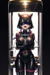  ai_art ai_no_seiheki_(generator) black_hair blindfold blush bodysuit cameltoe cat_ears cat_girl corruption crossed_arms earrings erect_nipples erect_nipples_under_clothes fangs female_only femsub garter gloves headdress headphones latex open_mouth opera_gloves restrained rubber see-through short_hair standing straitjacket sweat tech_control tight_clothing wires zipper 