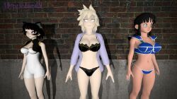 3d bare_shoulders black_hair bra breasts chichi dragon_ball empty_eyes female_only femsub hypnolordx kali_belladonna large_breasts long_hair mitsuki_bakugo my_hero_academia open_mouth rwby short_hair source_filmmaker standing standing_at_attention underwear