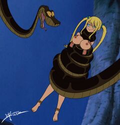  absurdres anklet blonde_hair breasts disney fairy_tail femsub harem_outfit kaa kaa_eyes large_breasts long_hair lucy_heartfilia nipples outdoors pandroso restrained signature snake the_jungle_book twintails 