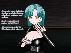 3d cleavage corset cyan_hair fingerless_gloves flamekin ghost_girl gothification large_breasts leather possession short_hair text transgender yellow_eyes