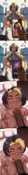  absurdres black_hair blacked blowjob_face breasts brown_eyes camkiwiberry dark_skin dialogue domina_(overwatch) fellatio femsub hypnotic_app instant_loss korean_text maledom nipples nude oral overwatch phone qos short_hair steam text translation_request 