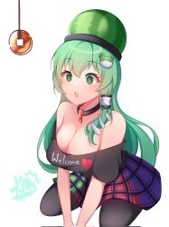  breasts choker cleavage coin femsub gingerlemxn green_eyes green_hair kneeling large_breasts open_mouth pendulum sanae_kochiya skirt spiral_eyes t-shirt thighhighs touhou 