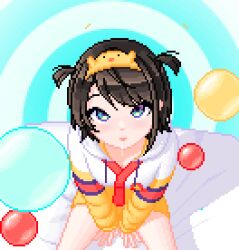  animated animated_gif bed black_hair blue_eyes blush bubble drool fabius femsub hair_ornament happy_trance hololive hoodie looking_at_viewer pixel_art simple_background sitting spiral_background subaru_oozora twintails virtual_youtuber 