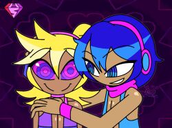  ahoge alternate_color_scheme bare_shoulders bisexual blonde_hair blue_eyes blue_hair bracelet choker collarbone dark_skin eyebrows_visible_through_hair happy_trance headphones hypnoscream kaa_eyes kaito len_kagamine looking_at_viewer male_only maledom malesub multicolored_eyes open_clothes pride_colors ring_eyes scarf shiny_hair shiny_skin smile smirk vest vocaloid yaoi 