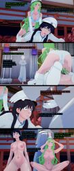  absurdres angry bambietta_basterbine black_eyes black_hair bleach breasts candice_catnipp_(bleach) censored clothed cyanstargazer dialogue drool empty_eyes english_text expressionless femsub green_eyes green_hair hair_covering_one_eye korogi_(cyanstargazer) long_hair multiple_girls multiple_subs nipples nude original pussy red_eyes restrained short_hair tears text white_hair 