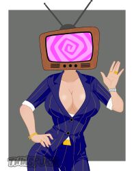  absurdres bracelet breasts cleavage collarbone femdom hand_on_hip hypnotic_screen looking_at_viewer original pov_sub ring simple_background spiral suit tech_control tv watermark 
