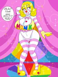 blonde_hair breasts clown female_only femsub happy_trance high_heels kobi94 large_breasts large_hips makeup pink_eyes solo spiral_eyes symbol_in_eyes text thighhighs thong