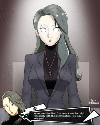  chair clothed dialogue earrings empty_eyes expressionless female_only femsub grey_hair lipstick long_hair makeup necklace persona_(series) persona_5 pov pov_dom red_lipstick sae_niijima shirt simple_background sitting suit syas-nomis table text user_interface whitewash_eyes 