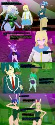  3d absurdres alternate_costume bare_legs bare_shoulders blonde_hair blue_hair blush bunny_ears bunny_girl bunnysuit chair chitoge_kirisaki clothed costume cyanstargazer dialogue empty_eyes english_text green_hair hand_on_hip happy_trance large_breasts league_of_legends legs long_hair lulu_(league_of_legends) multiple_girls multiple_subs nisekoi poppy_(league_of_legends) purple_hair seishirou_tsugumi short_hair shortstack skirt table text thighs tie v very_long_hair vex_(league_of_legends) yordle 