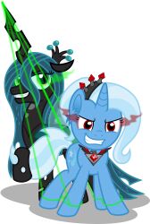 absurdres animals_only corruption cyan_hair evil_smile femdom femsub glowing glowing_eyes happy_trance horns horse human_puppet hypnotic_accessory magic my_little_pony puppet queen_chrysalis smile the_great_and_powerful_trixie unicorn western wings