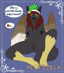 alyx_(riley) bottomless breasts christmas dialogue dog_girl femsub furry kaa_eyes nude original shadowpelt text topless wings wolf_girl