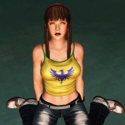 3d ahegao arms_behind_back breasts brown_hair dazed dead_or_alive femsub green_eyes hitomi jeans large_breasts long_hair midriff open_mouth toshiiekyoko01