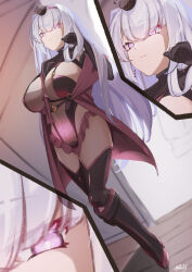  ayuman_oekaku bodysuit boots breasts cape comic crotch_tattoo earrings empty_eyes expressionless female_only femsub fuyutsuki_(kantai_collection) gloves glowing glowing_eyes headdress high_heels huge_breasts kantai_collection large_breasts looking_at_viewer opera_gloves signature silver_hair skirt solo standing tattoo thigh_boots thighhighs very_long_hair 