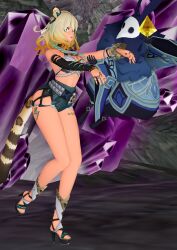 3d abyss_mage_(genshin_impact) animal_ears aware black_lipstick blonde_hair body_control cat_ears cat_girl cat_tail dark_skin empty_eyes femsub genshin_impact high_heels shazra shorts shrunken_irises soul_stealing tail xilonen_(genshin_impact) zombie_walk