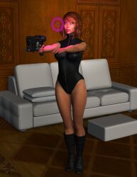 3d bare_shoulders boots breasts brown_hair cleavage couch expressionless female_only femsub glowing gun hypnotized_dom large_breasts leotard member9 original pink_lipstick short_hair solo weapon zombie_walk