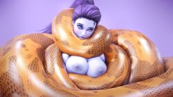  3d bare_breasts blue_hair blue_skin blush breasts coils defeated femsub huge_breasts kaa_eyes kingocrsh large_breasts long_hair looking_at_viewer nipples open_mouth overwatch ponytail pov pov_dom snake topless widowmaker 