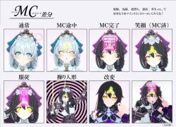 3d arm_warmers bare_shoulders before_and_after black_hair blue_eyes braid confused control_indicator crossed_eyes double_v earrings empty_eyes eye_roll eyeshadow gloves glowing_eyes happy_trance herrscher_of_dominance honkai_impact_3rd japanese_text jewelry koikatsu! latex long_hair makeup nail_polish open_mouth progress_indicator puppet rubber saluting smile spiral_background text tianming_kugua_dawang tongue tongue_out v white_hair yellow_eyes