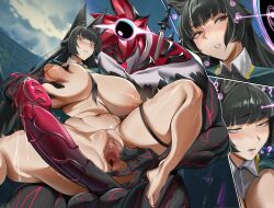 animal_ears black_hair ethereal_(zenless_zone_zero) femsub fox_ears fox_girl gior_dannn hoshimi_miyabi large_breasts long_hair monster nipples zenless_zone_zero