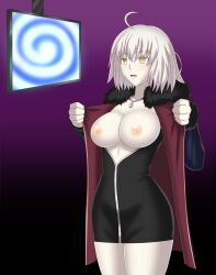 bluebullpen breasts empty_eyes expressionless fate/grand_order fate_(series) female_only femsub hypnotic_screen jeanne_alter large_breasts open_clothes open_mouth short_hair tech_control undressing white_hair yellow_eyes