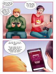 black_hair blonde_hair cell_phone comic fat glasses male_only nerd short_hair speech_bubble text themightfenek