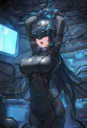 ai_art arms_above_head black_hair bodysuit bondage breasts breath cables corruption dronification electricity female_only femsub harness helmet injection long_hair monitor open_mouth solo sweat ton_(generator) tongue tongue_out visor wires 