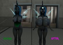 3d before_and_after bimbofication bottomless breasts cleavage comic cuddlycarlos female_only femsub furry green_hair happy_trance horse_girl huge_breasts hypnotic_accessory microchip my_little_pony nude queen queen_chrysalis robotization smile spiral_eyes symbol_in_eyes tech_control topless