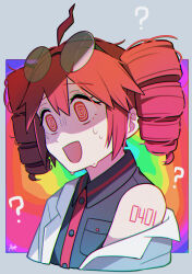  ahoge amanerei bare_shoulders clothed confused doctor drill_hair female_only femsub glasses lab_coat messy_hair open_mouth red_eyes shirt short_hair simple_background smile spiral_eyes sweat tagme tattoo teto_kasane vocaloid 