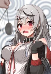  bare_shoulders blush breasts camisole chloe_sakamata cleavage coat collar confused earrings femsub fingerless_gloves gloves hair_clips hololive large_breasts long_hair mizumok1 open_mouth pendulum red_eyes silver_hair simple_background smile spiral spiral_eyes sweat symbol_in_eyes undressing unhappy_trance virtual_youtuber 