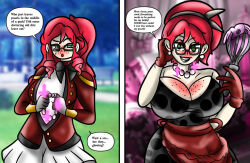  apron before_and_after breast_expansion breasts domestication earrings feminization femsub freckles gaminglover glasses gloves happy_trance hypnotic_accessory jewelry large_breasts necklace red_hair spiral_eyes stepfordization symbol_in_eyes text translation_request 