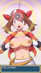 electrickronos empty_eyes erect_nipples exposed_chest happy_trance hypno large_breasts may open_clothes open_mouth pendulum pokemon undressing