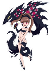  alternate_costume bandai_namco breasts brown_hair digimon digimon_xros_wars eye_color_change femsub glowing_eyes gozaru high_heels looking_at_viewer navel nene_amano ponytail possession red_eyes ring_eyes shademon simple_background white_background wings 
