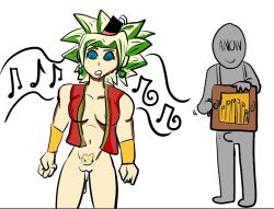  anonymous_(character) blue_eyes breasts bulge dragon_ball dragon_ball_super drool earrings erection femsub gotymoment green_hair hat hypnotic_audio hypnotic_music instrument kefla maledom monkey_girl open_mouth pet_play pubic_hair pussy pussy_juice spiral_eyes spiralwash_eyes vest 