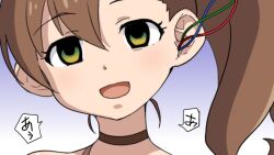  brain_injection brown_hair cables choker chou-soku_henkei_gyrozetter dialogue empty_eyes female_only femsub gradient_background green_eyes happy_trance hitsugi_mc inaba_rinne japanese_text open_mouth side_ponytail simple_background solo speech_bubble tech_control text wires 