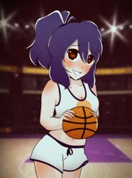 artist_request bare_legs basketball blue_hair clothed collarbone cosplay crop_top eyebrows_visible_through_hair femsub happy_trance heart_eyes lola_bunny long_hair looney_tunes midriff nori_(owozu) owozu ponytail red_eyes short_shorts shorts smile space_jam tank_top virtual_youtuber