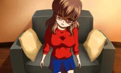  angry animated animated_gif brown_eyes brown_hair couch empty_eyes expressionless female_only femsub game_cg glasses innovator123 nozomi_akemi penlight pov skirt standing sweater zombie_walk 