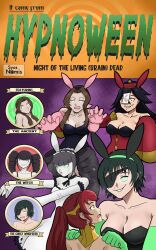 aerith_gainsborough celestia_ludenberg drool green_eyes himeno_(chainsaw_man) nemuri_kayama ponytail pyrrha_nikos red_hair spiral_background spiral_eyes syas-nomis text twintails zombie zombie_walk