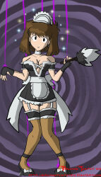  breasts brokenteapot brown_hair choker empty_eyes feather_duster female_only femsub fingerless_gloves gloves human_puppet large_breasts maid puppet short_hair solo spiral tea_gardner thighhighs yu-gi-oh! 